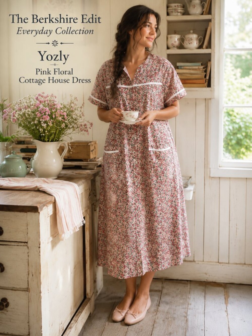 Yozly Pink Floral Cottagecore House Dress Duster Robe Pockets NWOT Large
